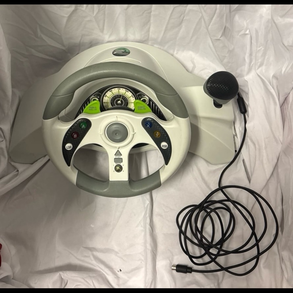 White and Gray Gaming Steering Wheel with Pedals XBOX AND MORE READ